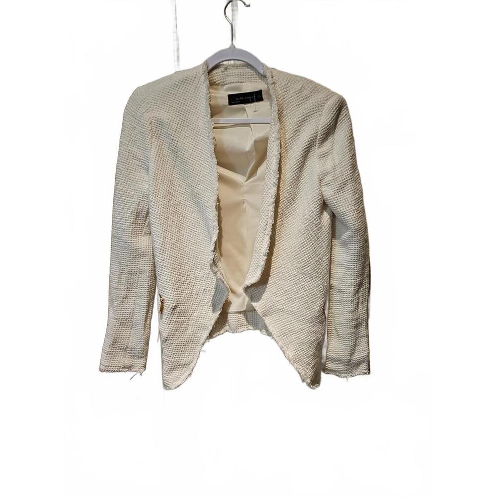 Zara Off White Cream Women’s Waffle Blazer Jacket Raw Hems Zipper Accents  Small